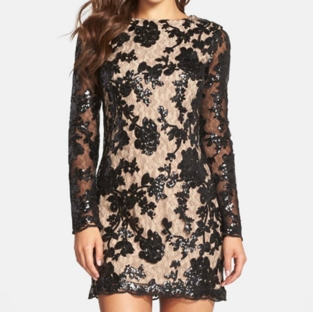 Dress the Population Grace Long Sleeve Sequin Lace Mini Dress Small Black Tan